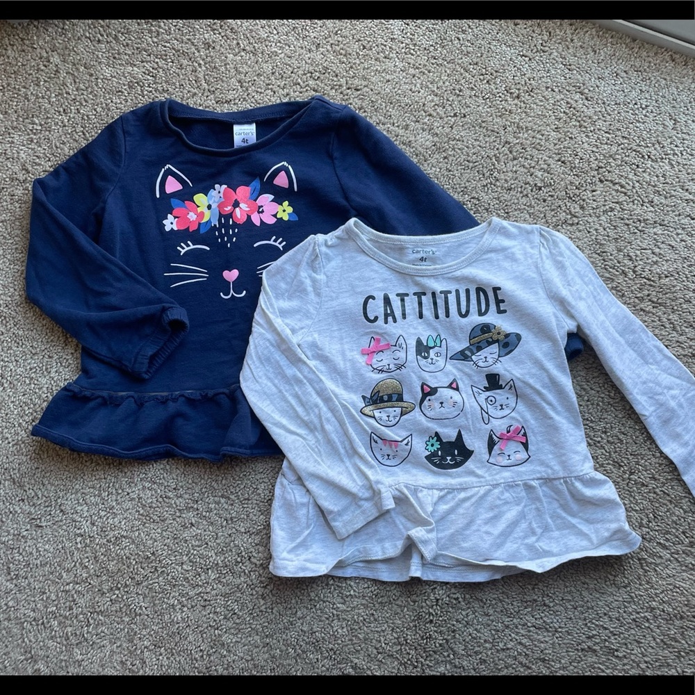 2 long sleeve cat shirts, 4T, “cattitude”